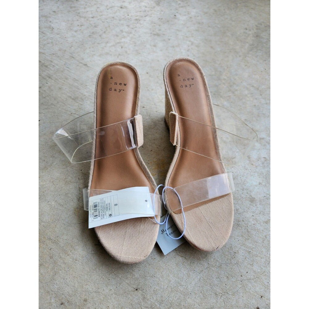 New A New Day Clear Strap Wedge Sandals Beige Strappy Slip On Women’s Casual 8